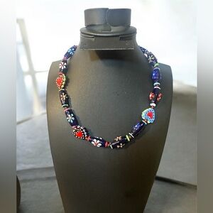 Murano Glass Hearts w/ Evil Eyes Flowers Venetian Style Necklace HANDMADE